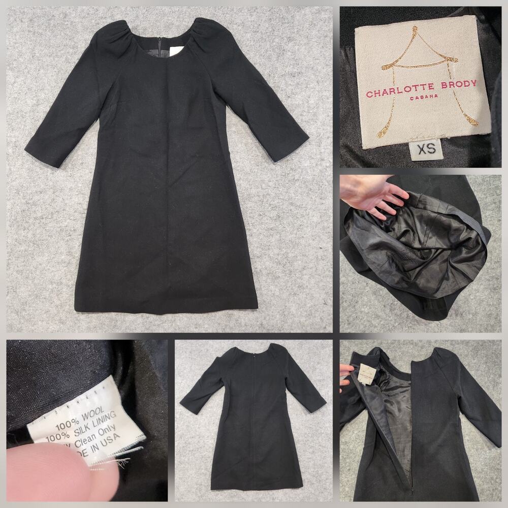 Charlotte Brody Cabana Womens XS 100% Wool Silk Lined‎ Black Sleeved Dress USA